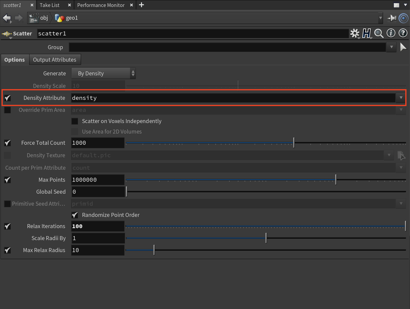 The scatter node set to use the density attribute
